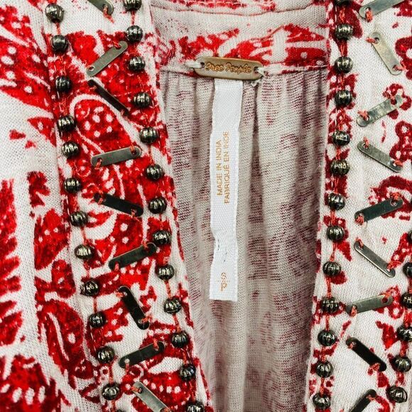 Free People Size Small Red & Gray Beaded Good Morning Cold Shoulder Tunic Top - Picture 8 of 11